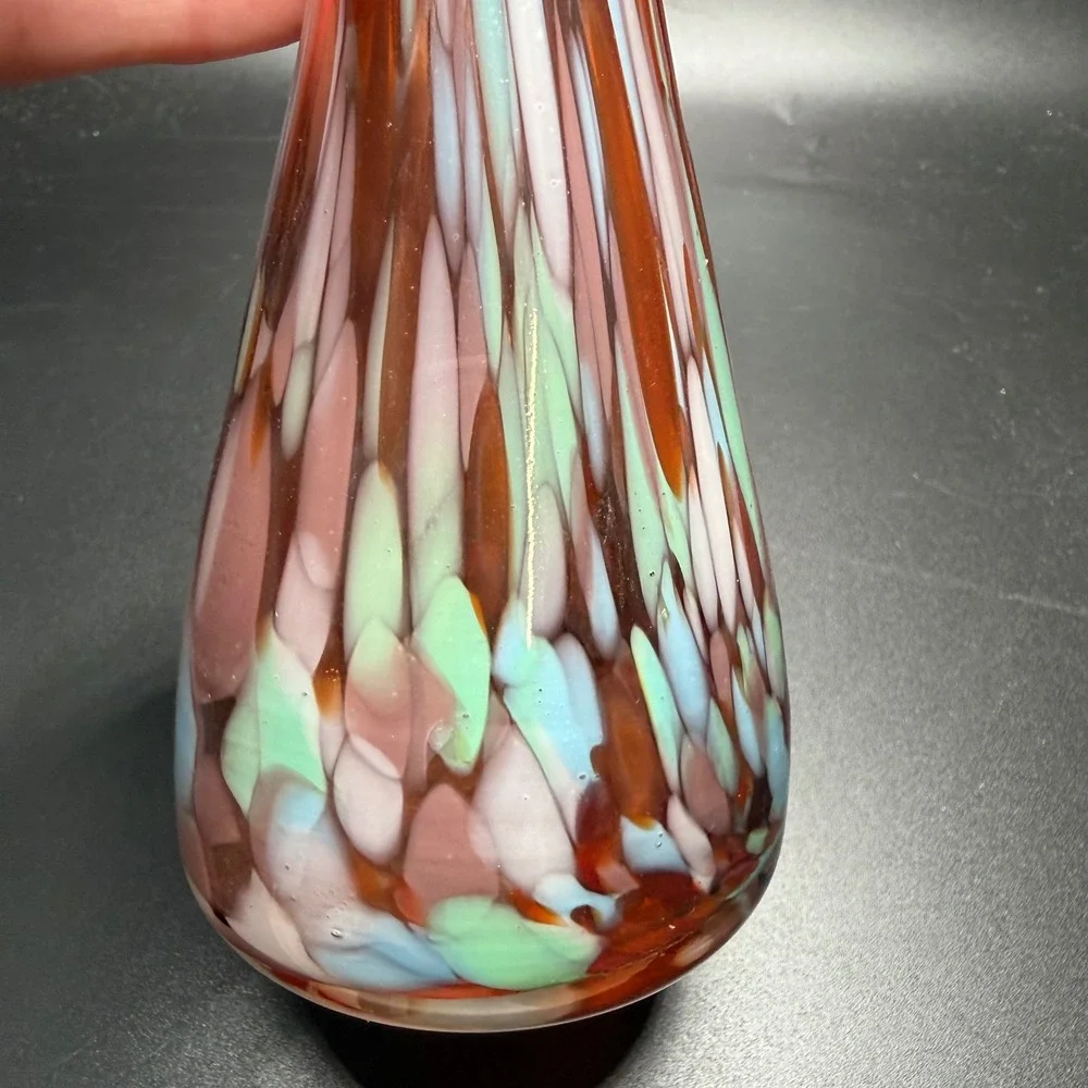 Vintage Art Glass Bud Vase Red Green White Confetti Striped Ruffled Rim 11 inch